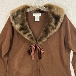 Vtg White Stag Faux Fur Collar Cardigan Sweater Size L Old Money Avant Garde